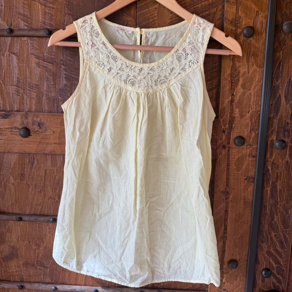 Xside Lace Yoke Tank Top XS Yellow Sleeveless Cotton Boho Blouse Cottagecore
